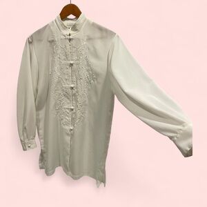 Creamy vintage 80’s oversized semi sheer embroidered mandarin collar blouse boho
